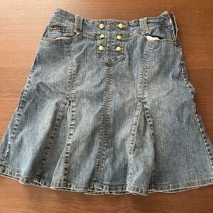Rewind Blue Denim A-Line Skirt with Gold Button Detail